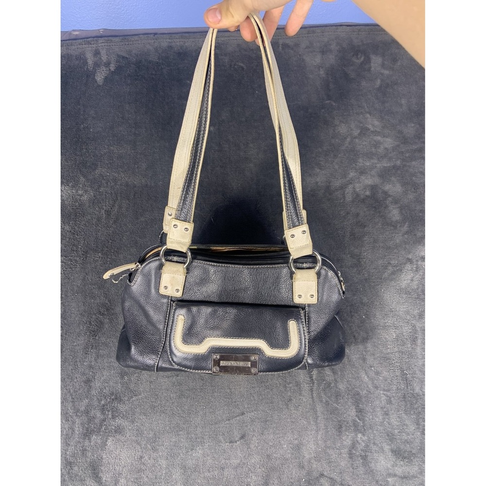 Tignanello Pebbled Leather Shoulder Bag Black Cream Colorblock Medium Tote Purse